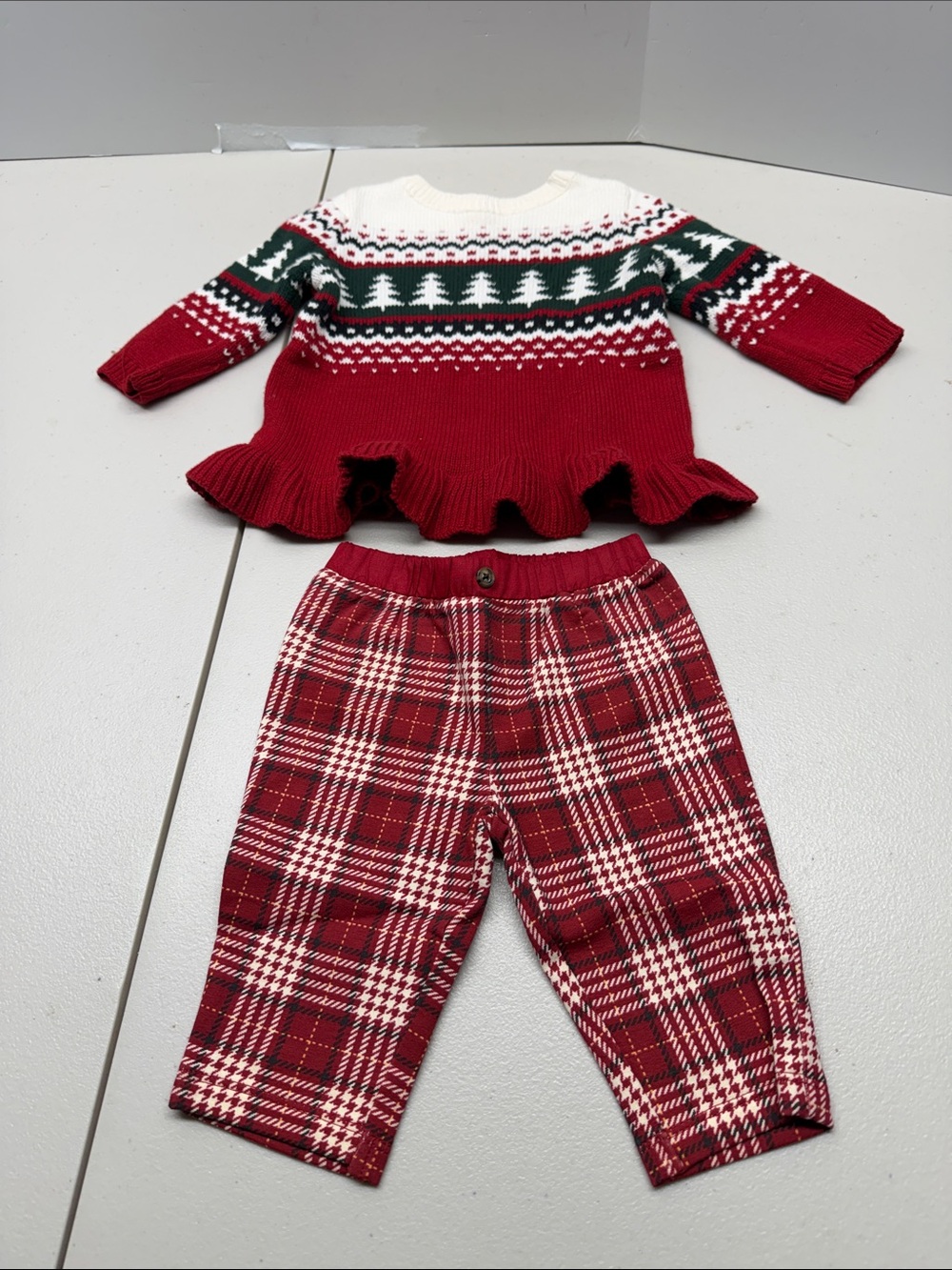 Carter's Red White Green Holiday Knit Top & Plaid Pants Set